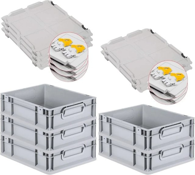 PROREGAL SuperSparSet 5x Eurobox NextGen Grip mit Scharnierdeckel und gelben Schiebeschnappverschlüssen, Grau, H: 12 cm, B: 30 cm, T: 40 cm - Bild 1