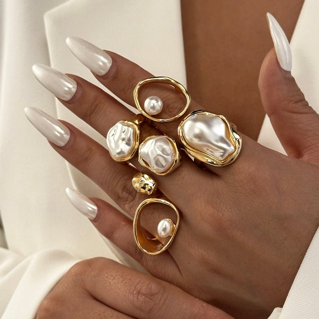 Rinhoo jewelry Ring Set, Blume, Strass, Perle, Gold, Damen - Bild 1