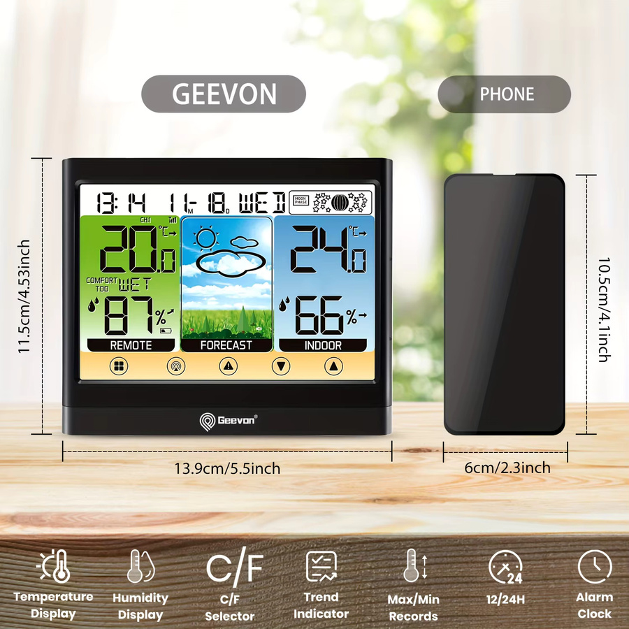 Geevon Wetterstation in Schwarz: Kabelloses Innen- und Außenthermometer mit Hygrometer, Touch-LCD-Display und Wecker sowie verstellbarer Hintergrundbeleuchtung - Bild 2