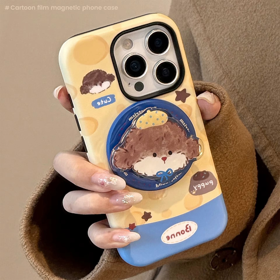 MUQGEW Magnetische iPhone Handyhülle mit Koreanischem Cartoon-Welpen-Design und Ständer-Funktion, stoßfeste Hartschale, Multicolor - Bild 2