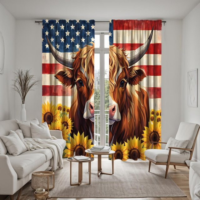 2er-Set Vorhang mit amerikanischer Flagge, Sonnenblumen und Highland-Kuh Design, Gelb und Braun, B: 132 cm, H: 160 cm - Bild 1