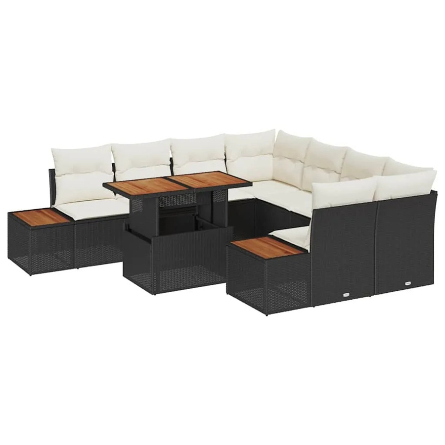 vidaXL 9-teiliges Gartensofa-Set mit Kissen und verstellbarem Tisch in Schwarz aus Poly-Rattan und Stahl - Bild 2