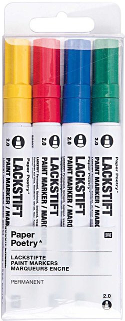 Rico Design Paper Poetry Lackmarkerset mehrfarbig mit 2,0 mm Strichstärke in Gelb, Rot, Blau und Grün - Bild 1