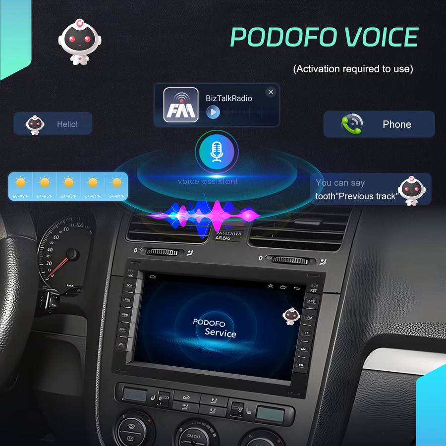 Podofo Android Autoradio mit 4G und 64G Speicher für VW Passat Bora Tiguan Golf Jetta Polo und Skoda inklusive GPS, FM, RDS sowie Wireless Carplay und Android Auto in Schwarz, 2DIN Multimedia Stereo - Bild 2