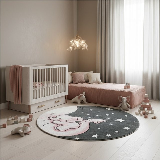 Kinderteppich TASNA von Kadima Design mit Elefanten-Motiv, Rosa/Grau, Durchmesser: 120 cm - Bild 1