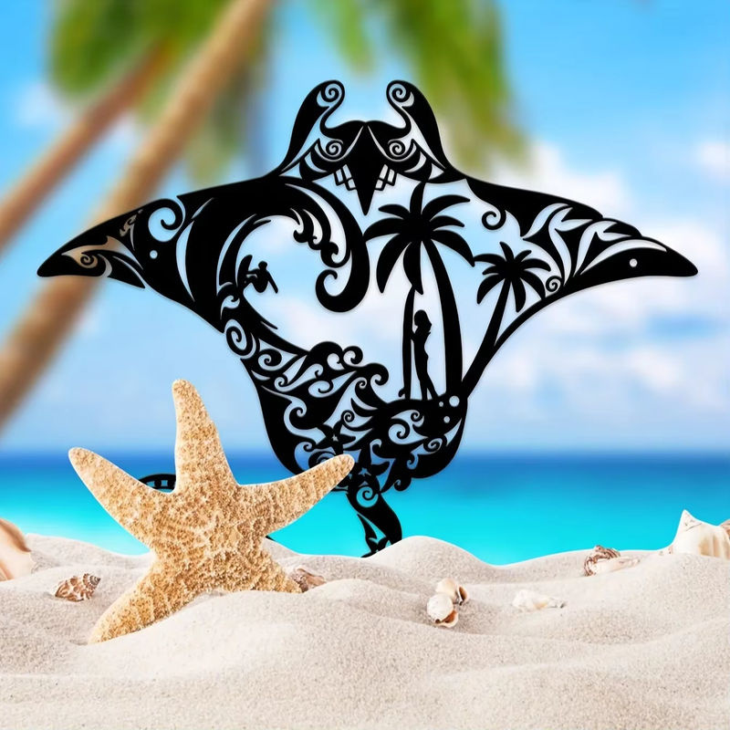 CIFBUY Wandkunst aus Metall Manta Ray Stranddekor in Schwarz mit Surfbrett, Wellen, Seestern und Palmen Silhouette - Bild 6