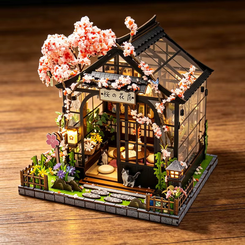 zuuton Sakura-Gewächshaus-Puppenhaus-Set, 3D-Miniaturhausmodell aus Holz, mit LED-Licht - Bild 2