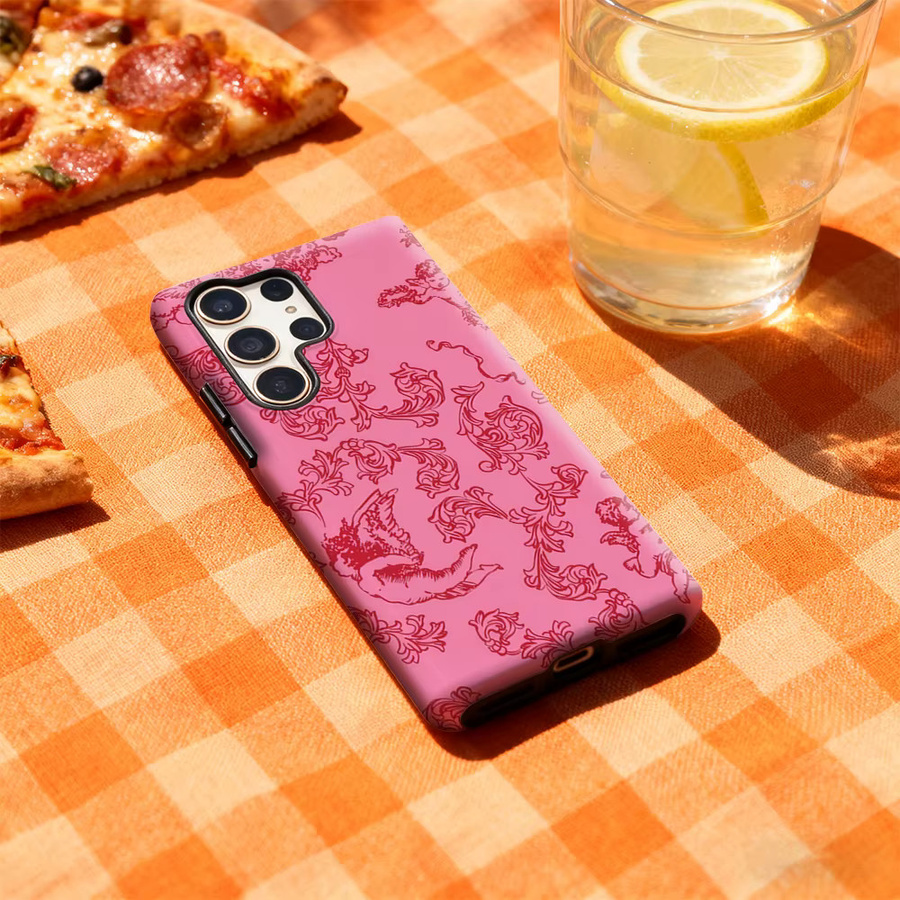 Rosa Handyhülle mit Cherub und Blumen für Samsung Galaxy S25 Ultra, S24 und S23 Ultra Plus mit glänzender doppellagiger Rückseite - Bild 3