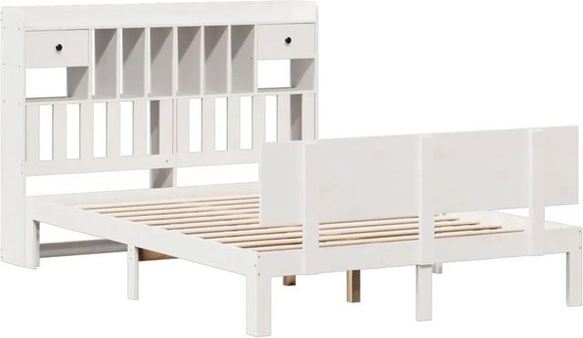 vidaXL Massivholzbett aus Kiefer mit Kopfteil und Regal in Weiß, B/T/H: 140 x 190 x 146 cm - Bild 1