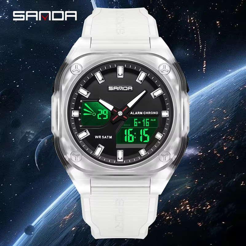 SANDA Chronograph Armbanduhr, Quarz, Analog-Digital, Weiß, Silikon, Herren - Bild 2