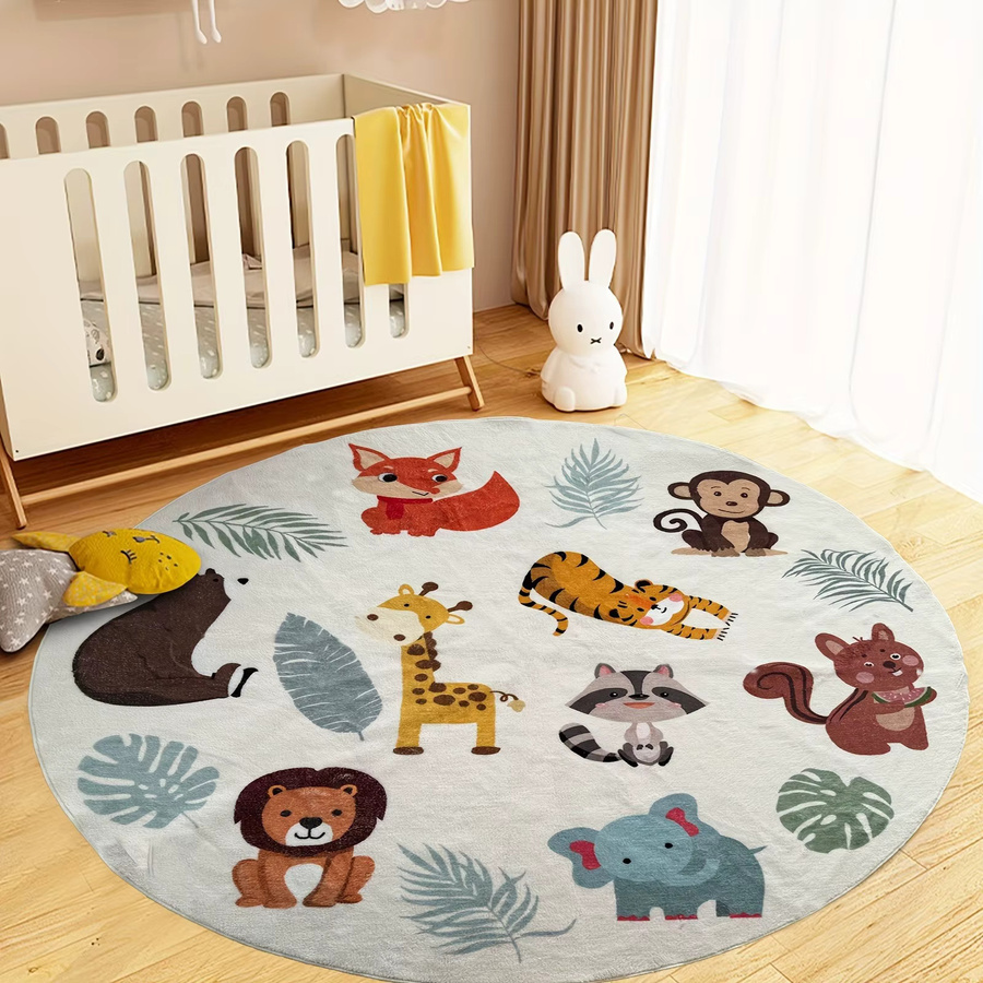 Waschbare runde Bodenmatte mit Cartoon-Tier-Design aus Polyester für Kinderzimmer und Schlafzimmer, Mehrfarbig - Bild 2