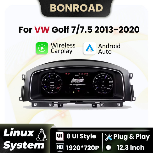 BONROAD Digital Dashboard Cluster 12,3 Zoll mit Wireless CarPlay und Android Auto für VW Golf 7 MK7 2013-2020 in Schwarz - Bild 1