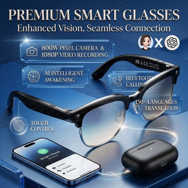 GUHUAVMI Smart Glasses Business-KI-Brille mit 4K HD Kamera, 1080P Video, KI-Chat, Musikplayer und Anruffunktion in Schwarz - Bild 1