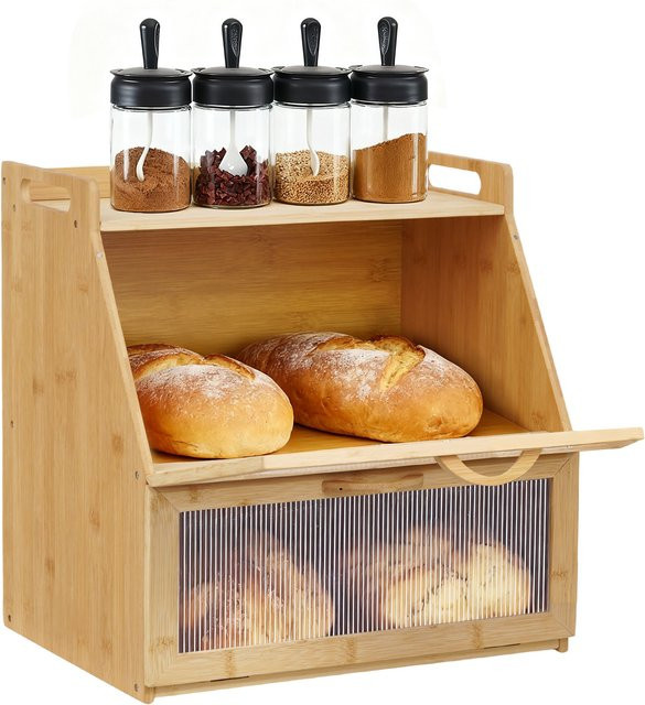 Doppelschichtige Holz-Brotbox im Landhausstil für deine Küchen-Aufbewahrung, Farbe: Braun/Gelb, B/T/H: 37,8 x 28,0 cm - Bild 1