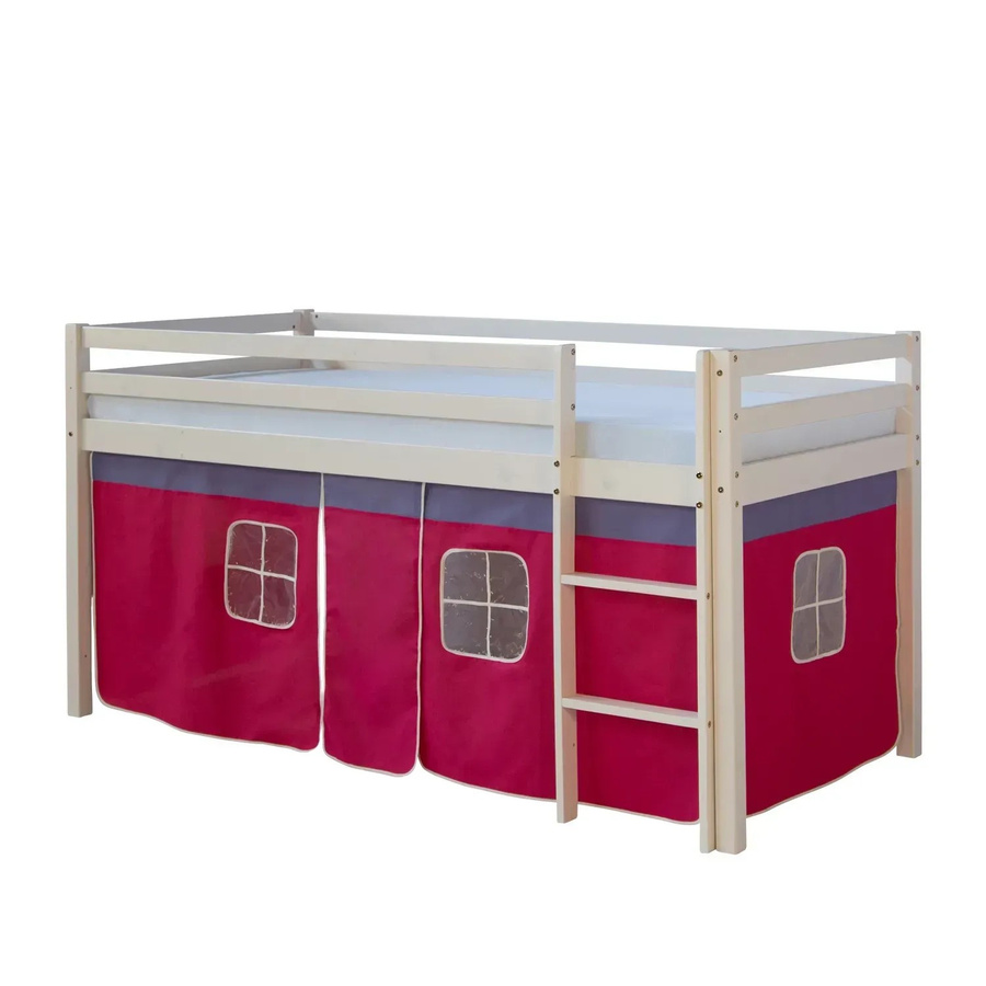 Homestyle4u Hochbett aus Kiefernholz für Kinder in Weiß mit pinkfarbenem Stoffvorhang, B/T/H: 90 x 200 x 110 cm - Bild 2