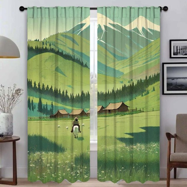 Modernes Tüll-Vorhangset mit Grasland-Motiv in Grün von Household supplies MH, semi-transparent, 2 Stück, Breite: 50 cm, Höhe: 70 cm - Bild 1