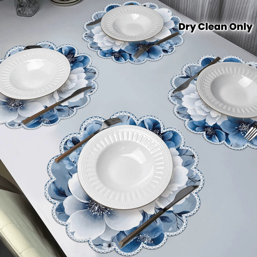 VIKAMA 4-teiliges Spitzen-Tischset aus Leinen mit blau-weißem Blumenmuster und Herzform - Bild 2
