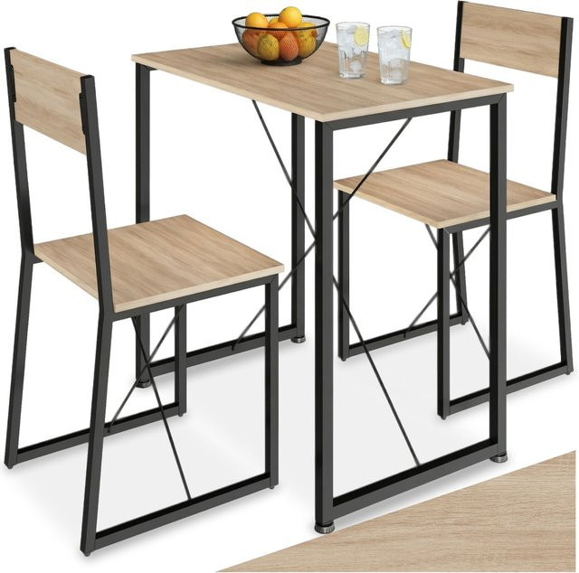 tectake Sitzgruppe 3-teilig im Industrie-Stil mit Esstisch und Stühlen in Schwarz, Braun und Multicolour, B/T/H: 138 x 80 x 90 cm - Bild 1