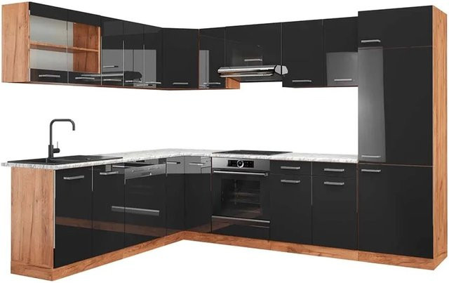Vicco R-Line Eckküche in Anthrazit Hochglanz und Goldkraft Eiche mit Marmor-Optik, B/T/H: 227 x 287 x 207 cm - Bild 1