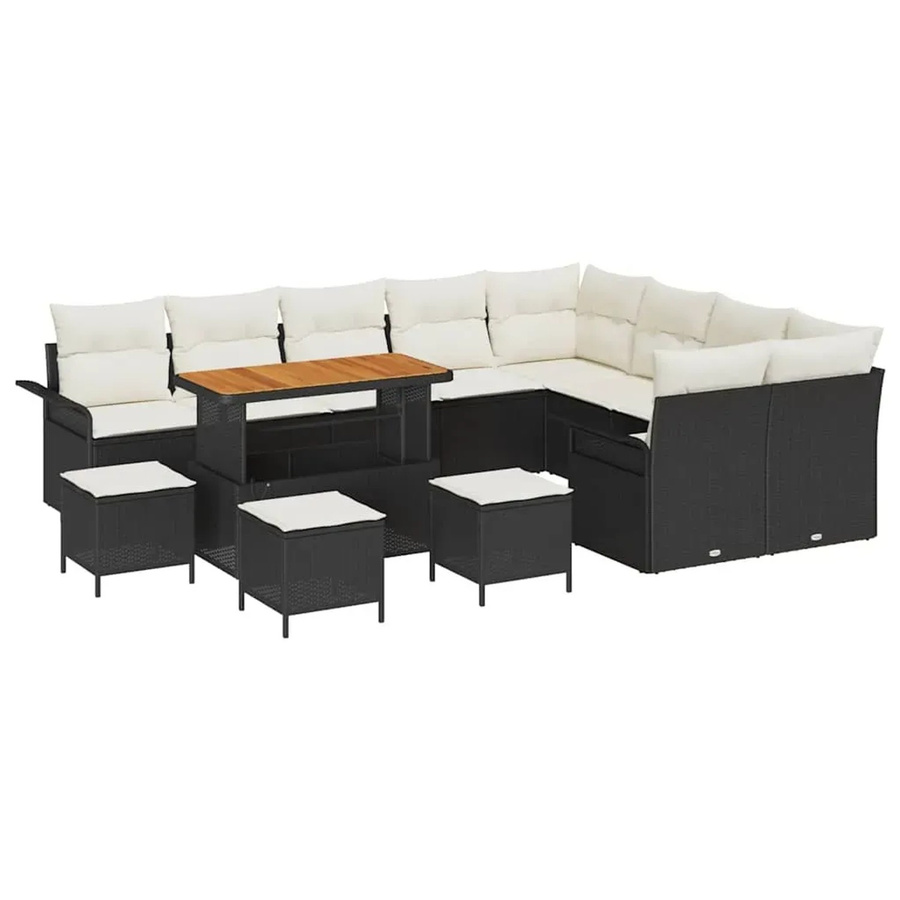 vidaXL 13-teiliges Garten-Sofa-Set aus Polyrattan und Akazie mit Kissen in Schwarz und Beige - Bild 2