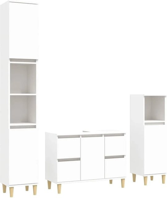 vidaXL 3-tlg. Badmöbel-Set Weiß aus Holzwerkstoff und Eukalyptus mit Waschbeckenunterschrank sowie zwei Standschlüssen - Bild 1