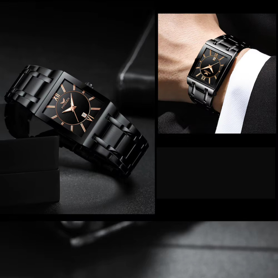 Fngeen Armbanduhr Quarz, Edelstahl, Gold, Herren, Datum, Rechteckig - Bild 3