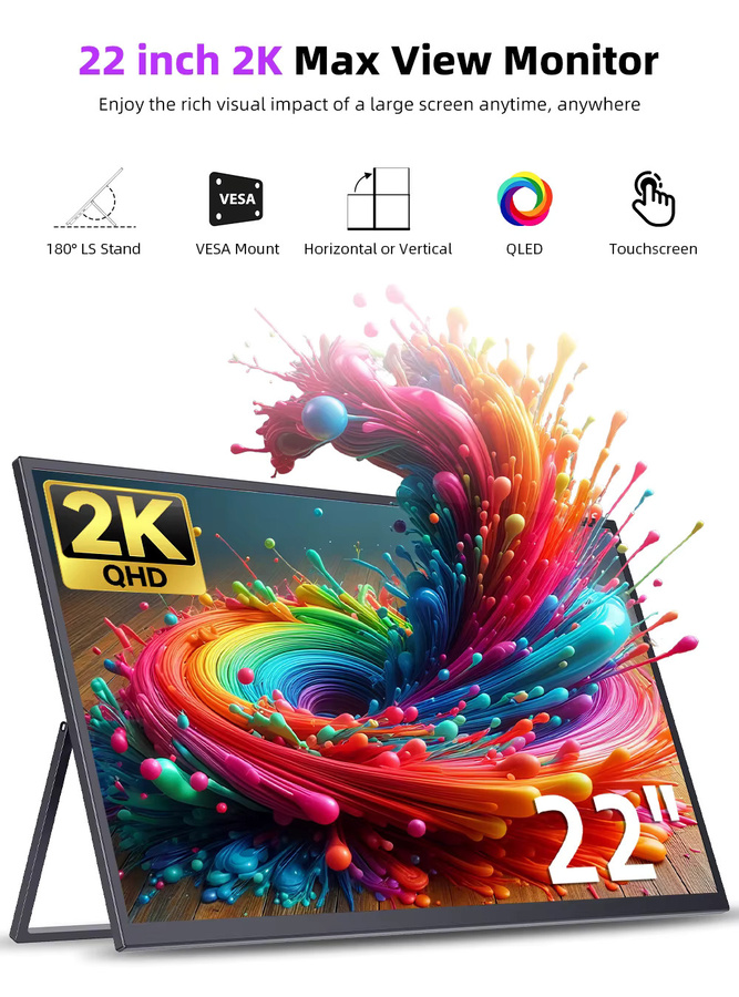 UPERFECT Tragbarer 22 Zoll 2K Touchscreen Monitor in Schwarz mit HDMI und USB-C sowie Doppellautsprechern für Gaming und Laptops - Bild 2
