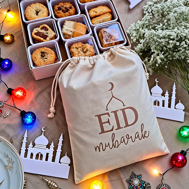 5 Stück Eid Mubarak Ramadan Geschenkbeutel aus Baumwolle in Beige für Süßigkeiten und Schmuck - Bild 1