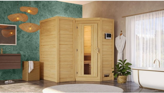 Karibu Massivholzsauna Steena 1 in Braun mit 9,0 kW Ofen und integrierter Steuerung, B/T/H: 193 x 184 x 209 cm - Bild 2