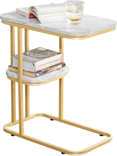 SoBuy Beistelltisch FBT110-G in Gold mit 2 Ablagen und Marmor-Optik - Bild 1
