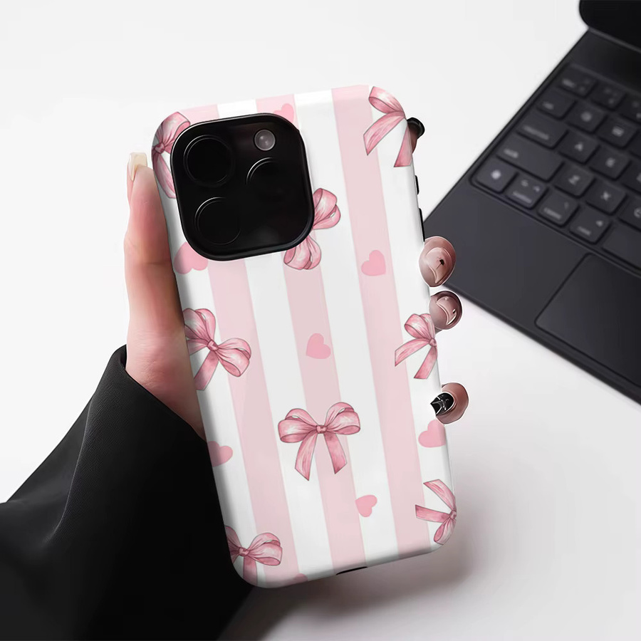 Robuste Handyhülle mit Blush & White Stripe Bow Design für Apple iPhone 17 16 15 14 13 Pro Max Plus, magnetisch und doppelschichtig in Pink und Weiß - Bild 3