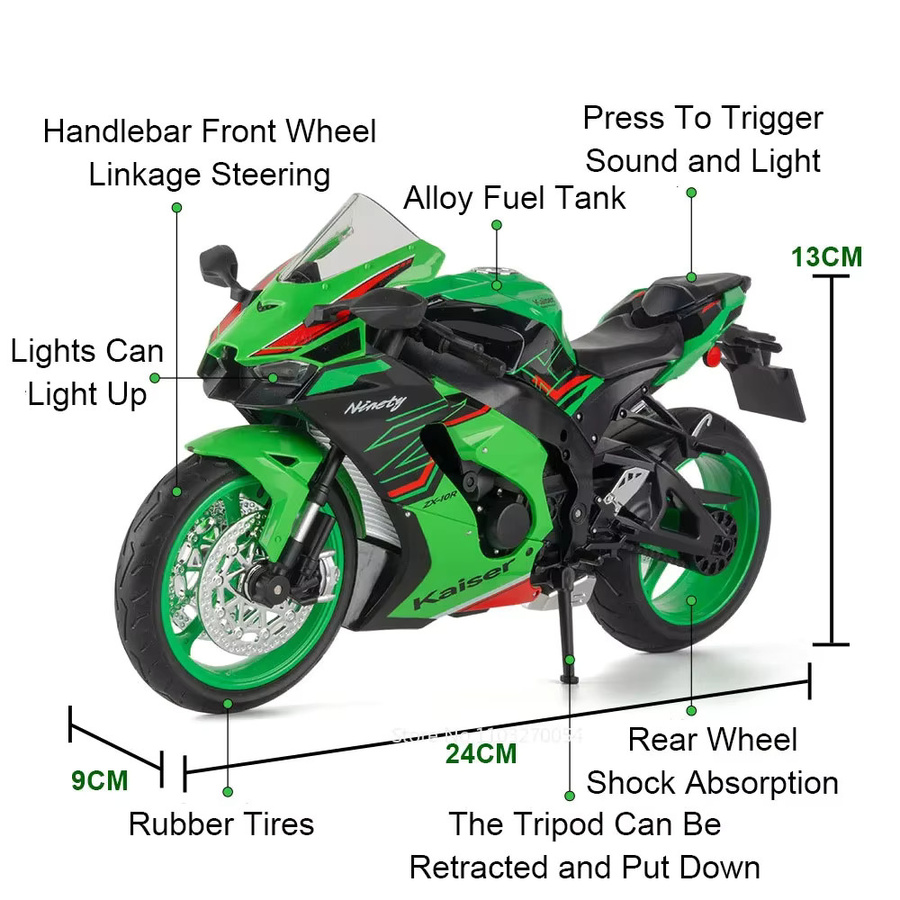 MAKEDA Kawasaki ZX-10R H2R Legierung Motorrad Diecast Modell, mit Licht und Sound, 1:9 - Bild 3