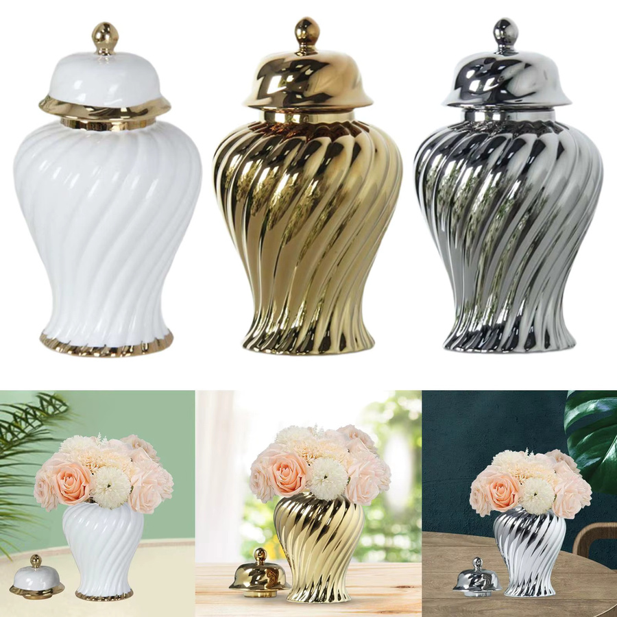 Kesoto Porzellan-Ingwerglas mit Deckel in Gold, florale Keramik-Blumenvase für Tischdekoration und Hochzeit, Höhe: 21,0 cm, Breite: 12,0 cm - Bild 3