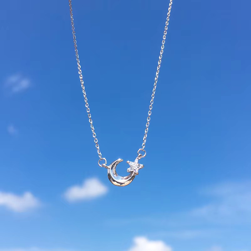 GaGa-Duck Halskette, 925 Silber, Kristall, Stern und Mond, Unisex - Bild 2