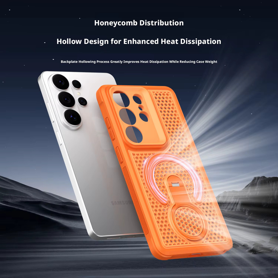 Magnetische 360 Grad Handyhülle mit Stützhalterung und kühlender Wärmeableitung für Samsung Galaxy S25 Ultra, S26 Ultra, S24 Plus und S23 FE in Schwarz oder Orange - Bild 1