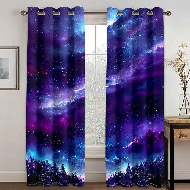 Dekorative Boho Vorhänge mit Sternenhimmel und Mond Design in Lila, 2 Paneele, semi-transparent, Breite: 100 cm, Höhe: 130 cm - Bild 1