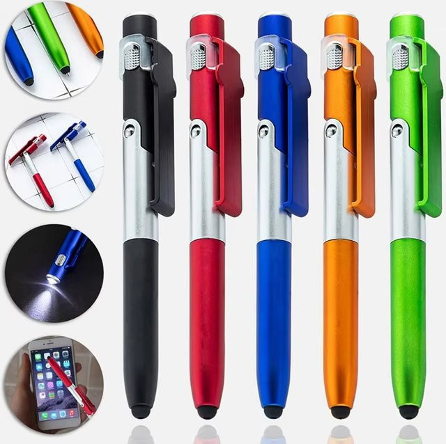 4-in-1 Multifunktions-Kugelschreiber aus Metall in Schwarz mit LED-Taschenlampe, Touch-Stift und zusammenklappbarem Telefonhalter - Bild 1