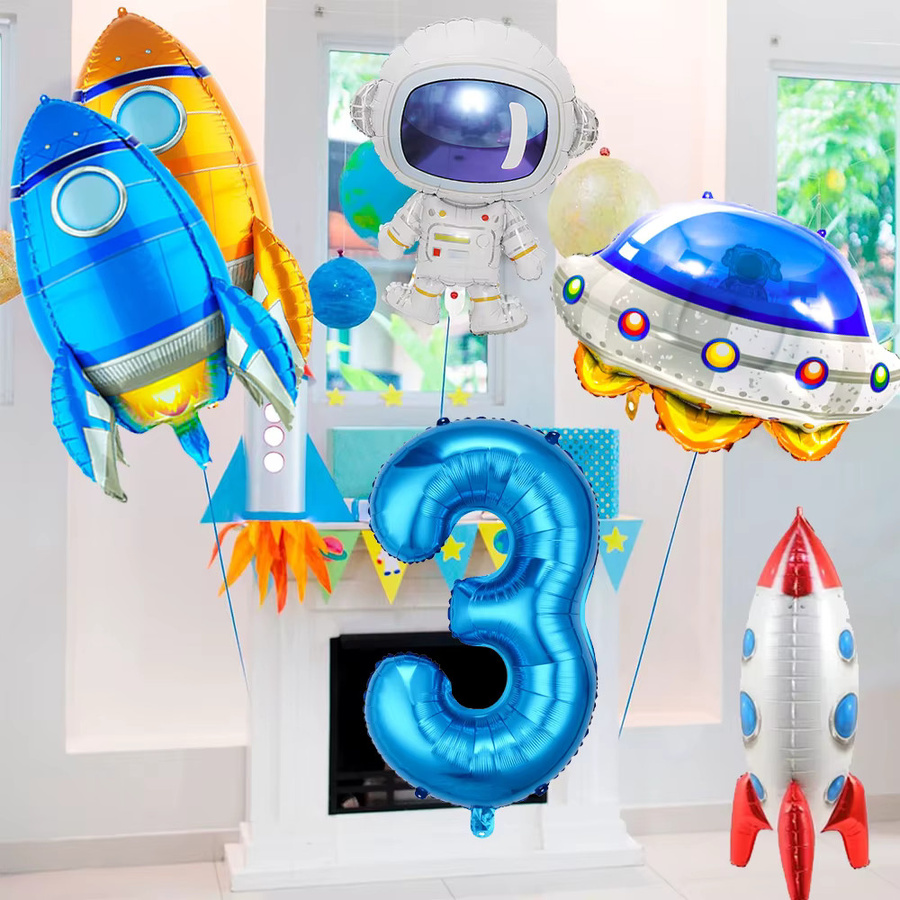 EsenTroye Rakete Astronaut Folienballons mit Zahlen 0-9 für Weltraum Geburtstagsdekoration, Blau, Durchmesser: 81,28 cm - Bild 2