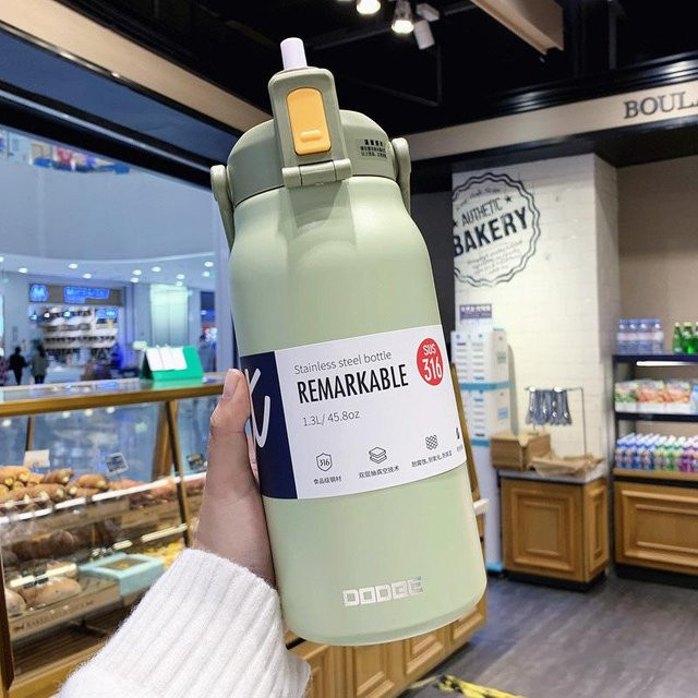 Mango Event Edelstahl-Thermosflasche mit Strohhalm, Kalt- und Wärmeflasche für Sport, Grün, 1300 ml - Bild 1