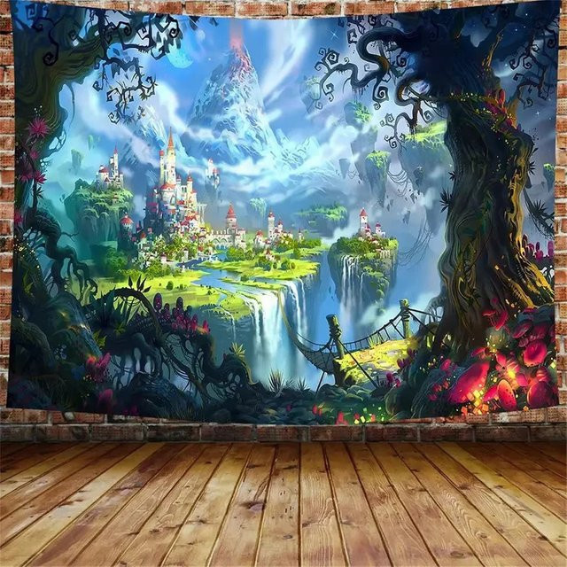 VIKAMA Wandteppich Fantasy-Wunderland-Schloss mit magischem Wald und Wasserfall, Mehrfarbig - Bild 1