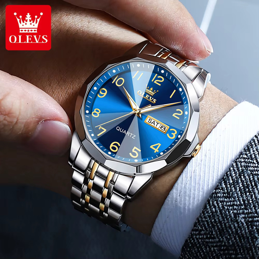 OLEVS Armbanduhr Quarz, Edelstahl, Blau, Dual-Kalenderanzeige, Herren - Bild 3