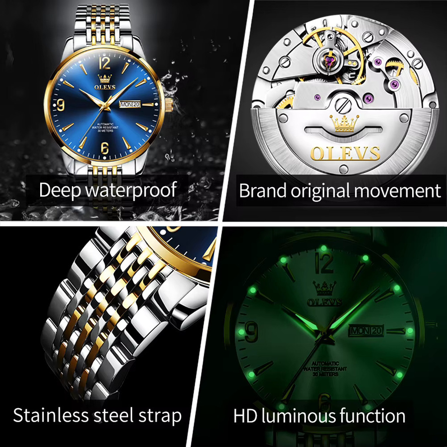 OLEVS Armbanduhr Automatik, Edelstahl, Bicolor, Dual-Kalender, Herren - Bild 5