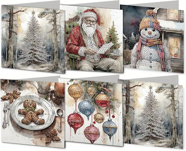 6 Weihnachtskarten mit Schneemann-Mustern und Rauten-Design in Mehrfarbig, DIY-Papierpostkarten zum Verschenken - Bild 1