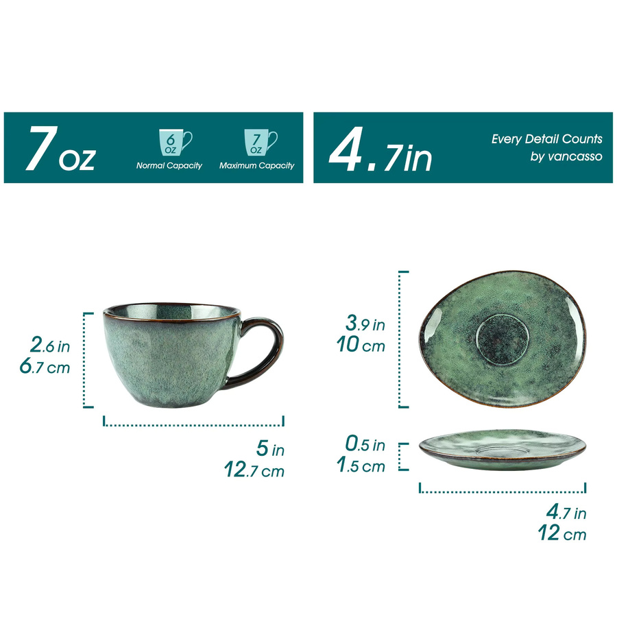 vancasso 8-teiliges Kaffeetassen-Set Sternen-Design aus Keramik mit 4 Tassen und 4 Untertassen in Blau-Grün, 7 Oz - Bild 2