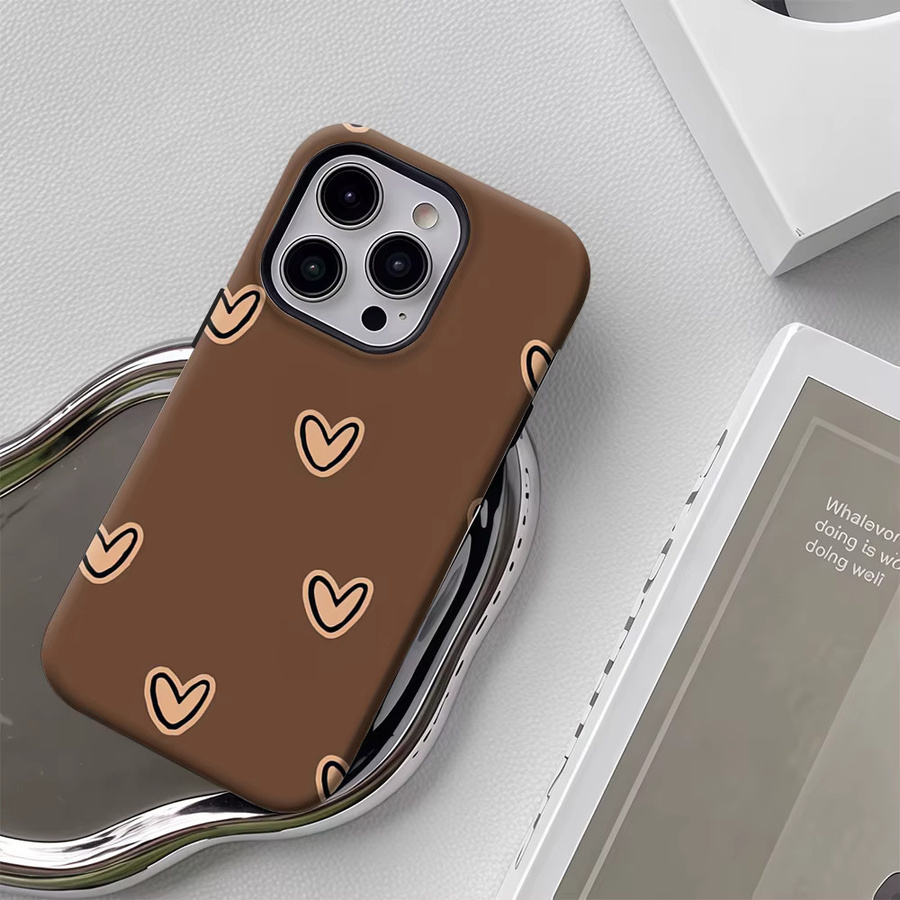 Potdemiel iPhone Hülle mit minimalistischem braunem Herz-Design, doppellagige Rückabdeckung für iPhone 17 16 15 14 13 12 Pro Max Plus - Bild 5