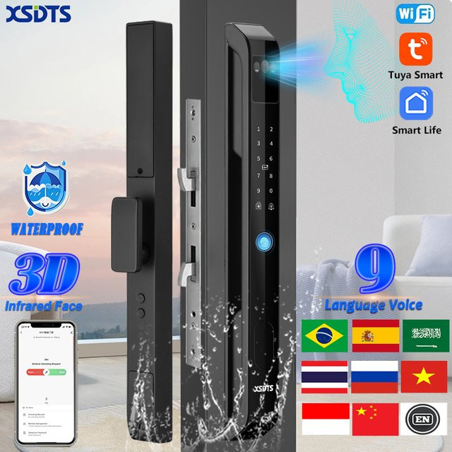 XSDTS Smart Türschloss mit 3D-Gesichtserkennung und Handvenen-Scan, Tuya WiFi Elektronisches Schloss mit Fingerabdruck und Passwort, Wasserdichtes Aluminium-Glas-Schiebetürschloss in Schwarz - Bild 1