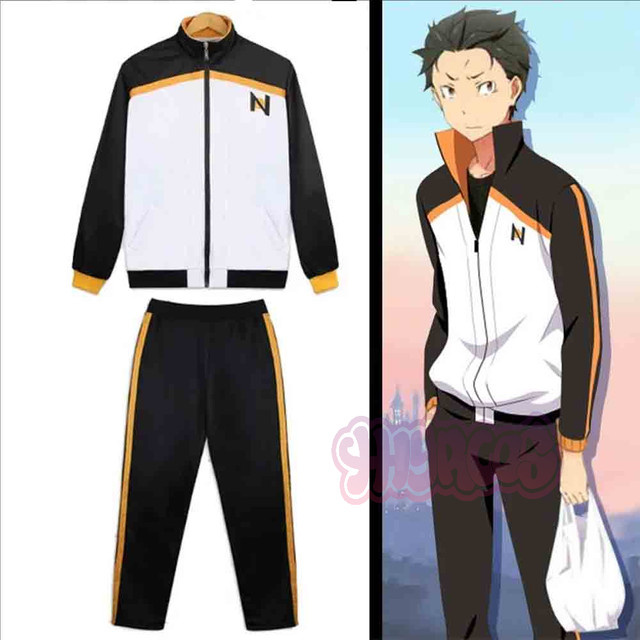 HHYRCOS Re:Zero Subaru Natsuki Cosplay Kostüm, Campus-Uniform, Schwarz-Weißer Trainingsanzug, Jacke Hose - Bild 1