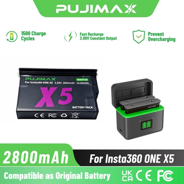 PUJIMAX 2800mAh Akku und 2-Slot-Akkuladegerät in Schwarz für die Insta360 ONE X5 Action-Kamera - Bild 1
