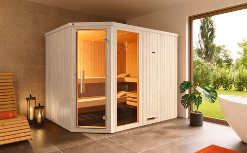 Weka Elementsauna Varberg 4 aus Holz in Braun mit 7,5 kW BioS-Ofenset B/H/T: 244 x 199 x 194 cm - Bild 1