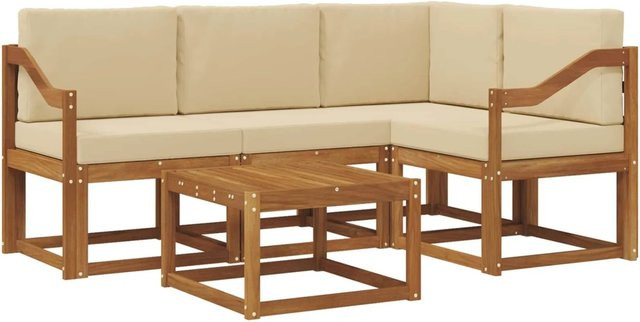 vidaXL Outdoor-Sofagarnitur in L-Form aus Akazienholz mit 5 Kissen in Natur und Beige - Bild 1